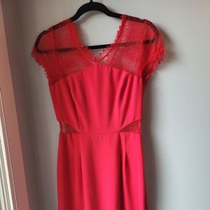 Max Azria lipstick red mini dress with lace and cutouts